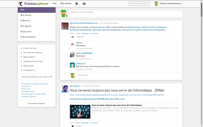 Capture d’écran de l’instance Framasphère du réseau Diaspora.